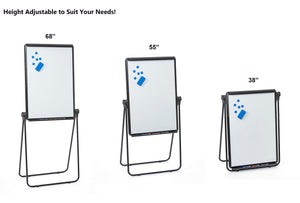 Magnetic Dry-Erase Presentation Easel (25" x 36"). Shown from maximum height 68" to lowest size 38". 