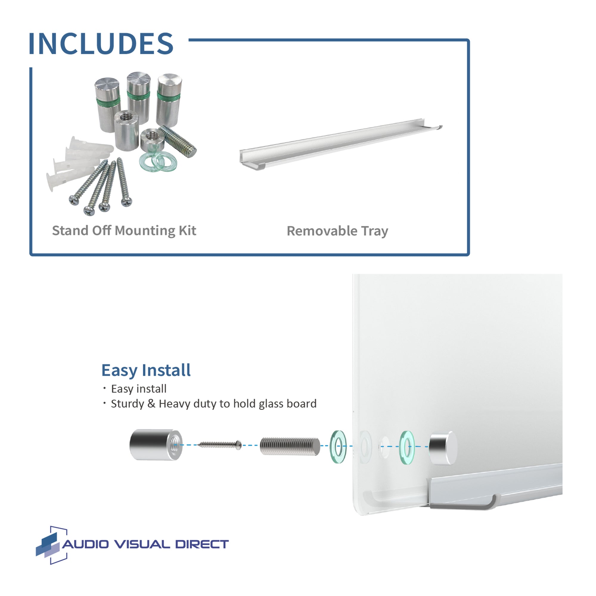 Wall Mounted Dry Erase Bundle includes stand off mounting kit, template, & removable marker tray.  Easy to install. 