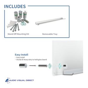Wall Mounted Dry Erase Bundle includes stand off mounting kit, template, & removable marker tray.  Easy to install. 