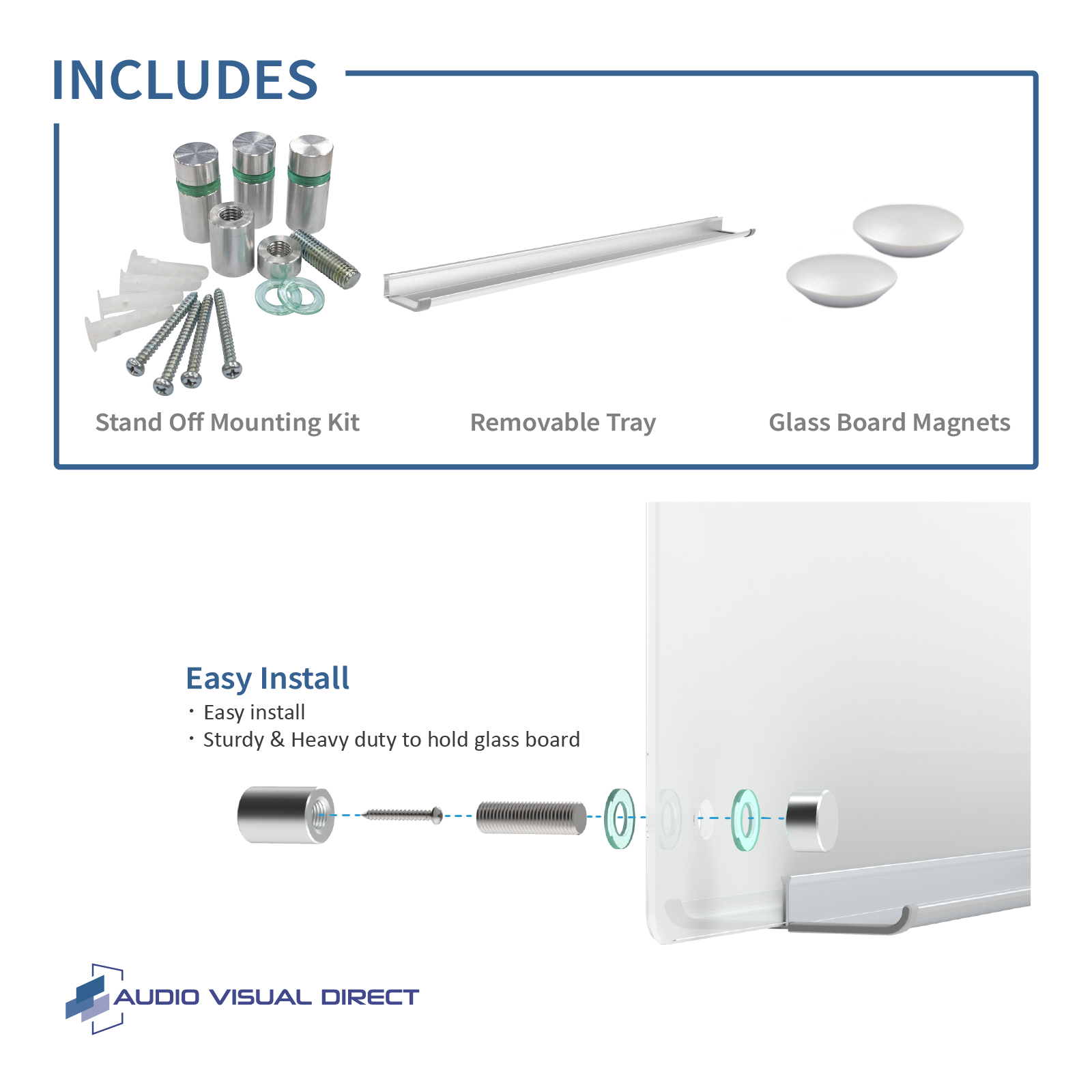 Audio-Visual Direct White Glass Board For Home & Office. Includes a stand off mounting kit, removable marker tray, and glass board magnets. It is easy to install & heavy duty. 
