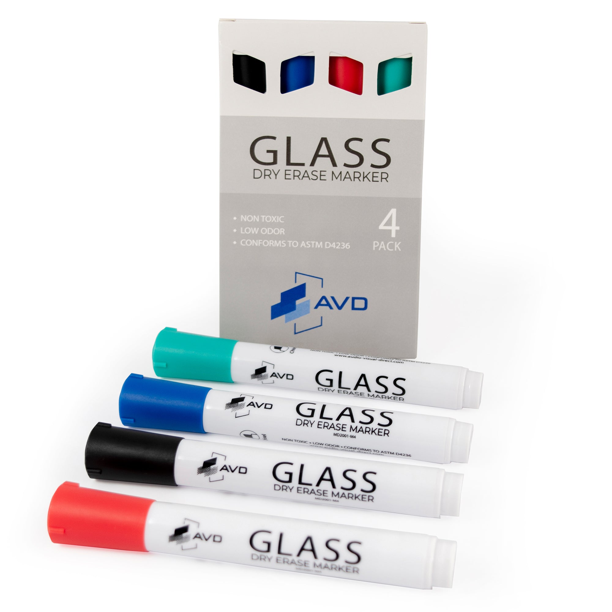 Audio Visual Direct Dry Erase Markers For Glass Boards, Set of 4 (Red, Blue, Green, Black) 