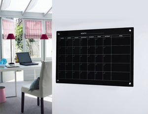 Audio-Visual Direct Magnetic Wall Mounted Black 30 Day Monthly Calendar Glass Dry-Erase Board Set in  Bedroom Setting. 