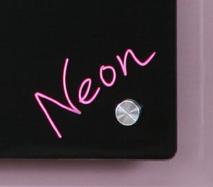 Magnetic Black Glass Dry-Erase Board Set - Includes Board, Magnets, and Marker Tray. Light up Neon word showing . 