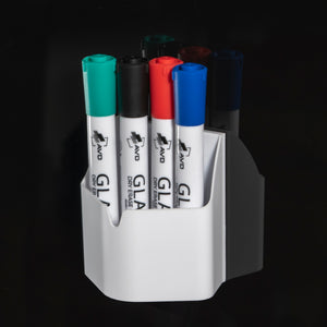 Audio-Visual Direct White Magnetic Marker Holder For Glass Dry Erase Boards. Shown on Black Glass board with Neodymium Magnets for a secure hold.