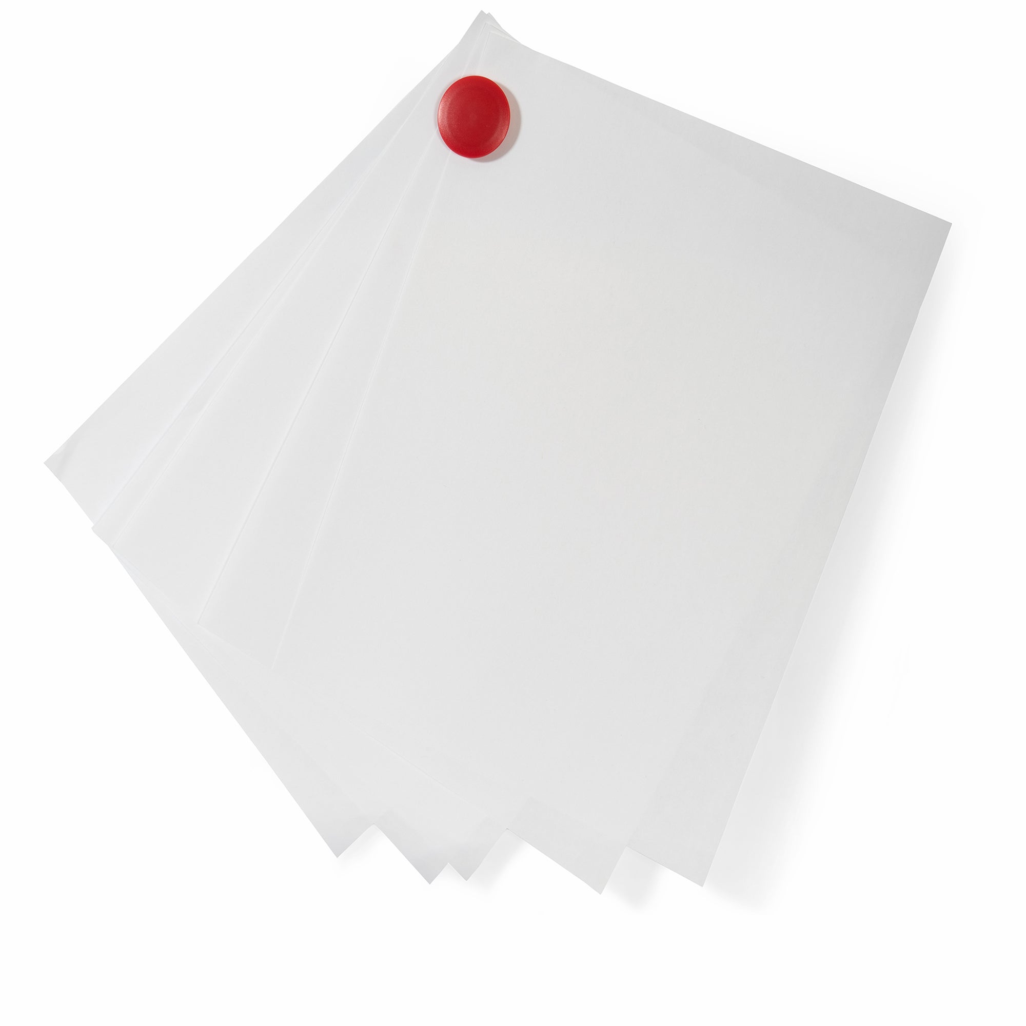 High Powered Magnets for Glass Dry-Erase Boards, Set of 5 Red.  Holding 5 pieces of paper on a Glass Board. 