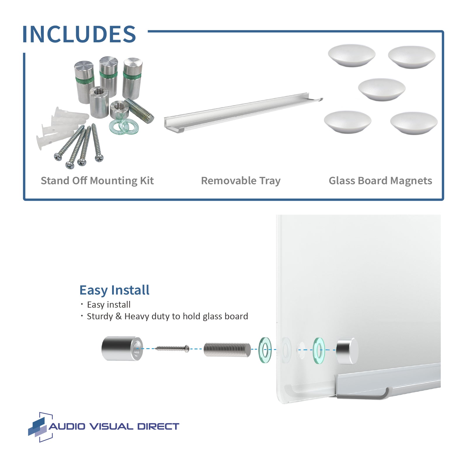 Audio-Visual Direct White Glass Board For Home & Office. Includes a stand off mounting kit, removable marker tray, and glass board magnets. It is easy to install & heavy duty.