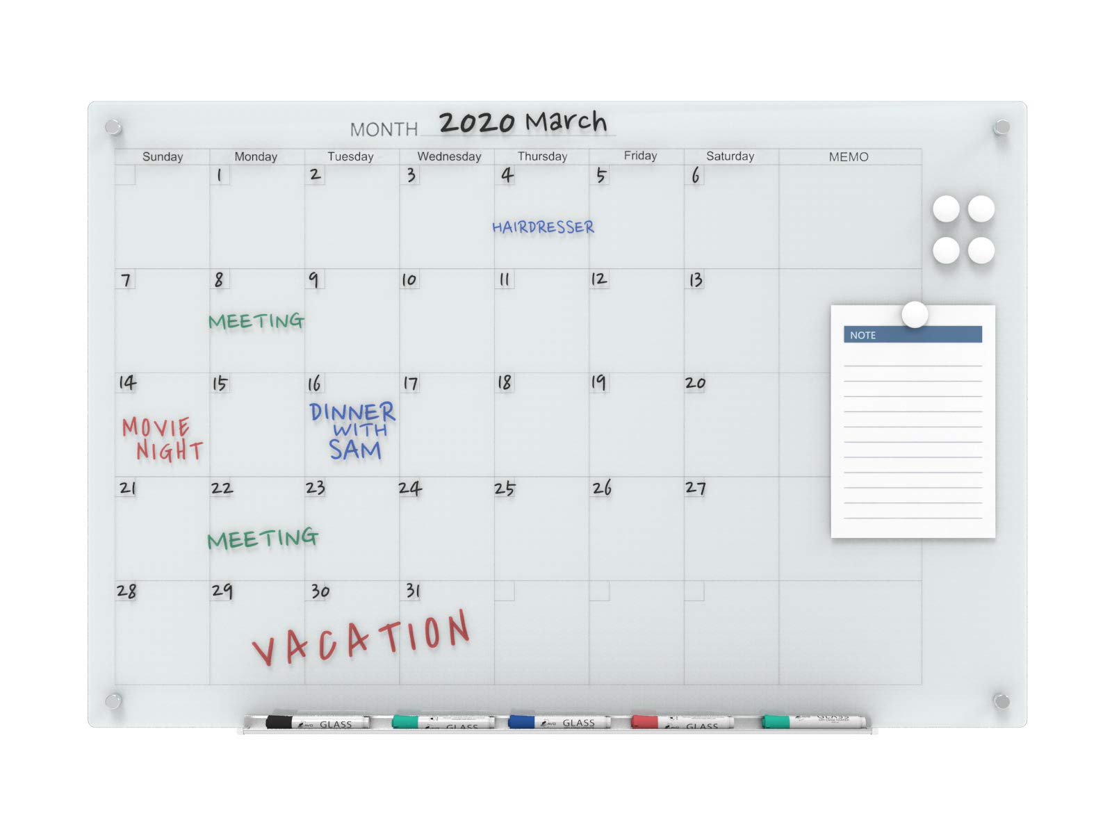Audio-Visual Direct Magnetic Calendar Glass Dry-Erase Board Set 4' x 3' (36" x 48")