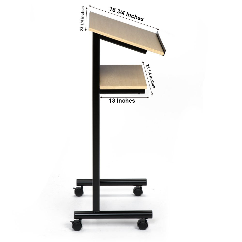 Wheeled Lectern with Storage Shelf - Beech/Black - Compact Standing Desk for Reading - Laptop Stand