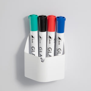 Audio-Visual Direct White Magnetic Marker Holder For Glass Dry Erase Boards. Shown on White Glass board with Neodymium Magnets for a secure hold.